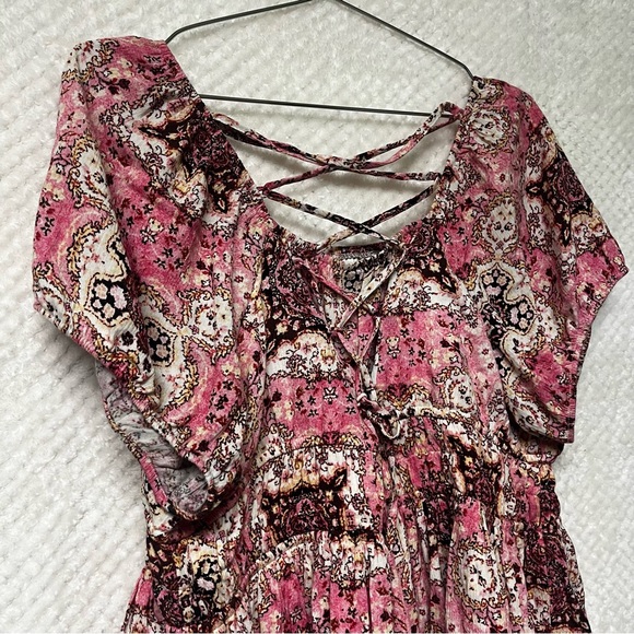 TORRID Crinkle Gauze Cris Cross Back Top Pink & Brown Peplum Cinched Waist Shirt - Picture 11 of 13
